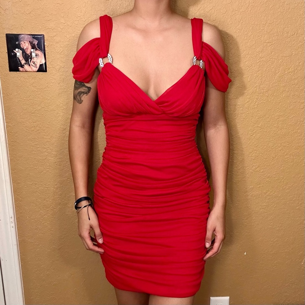 Red Ruched Mesh Mini Dress by Betsey & Adam!